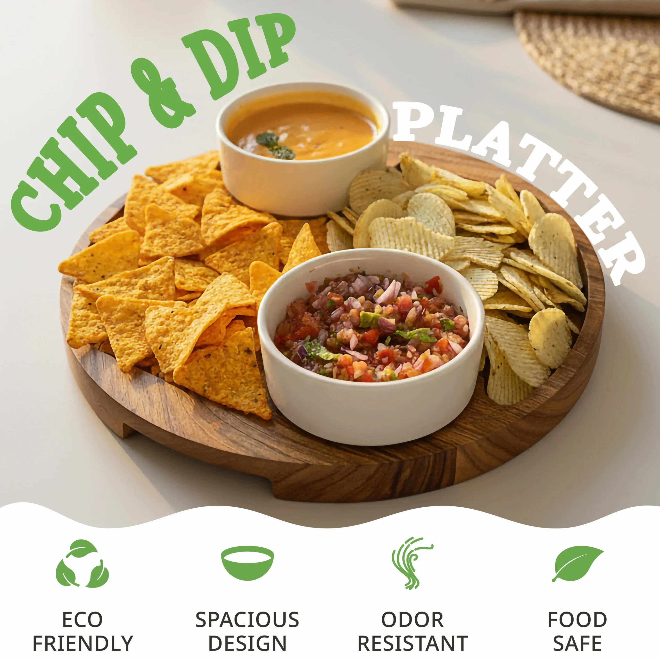 Acacia wood chip and dip platter with tortilla chips salsa and white ceramic bowls