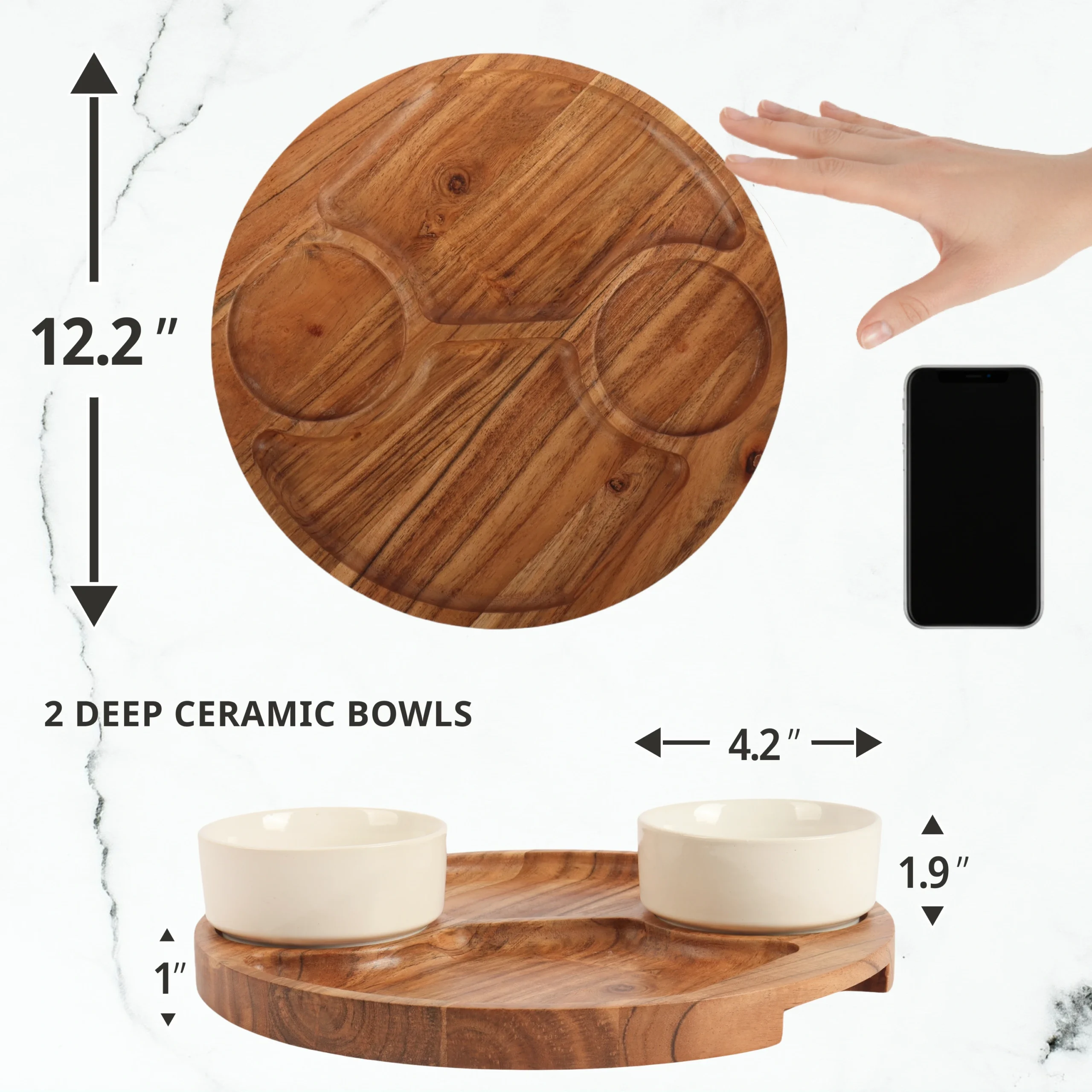 12.2 inch acacia wood serving platter size comparison with hand and smartphone showing dimensions