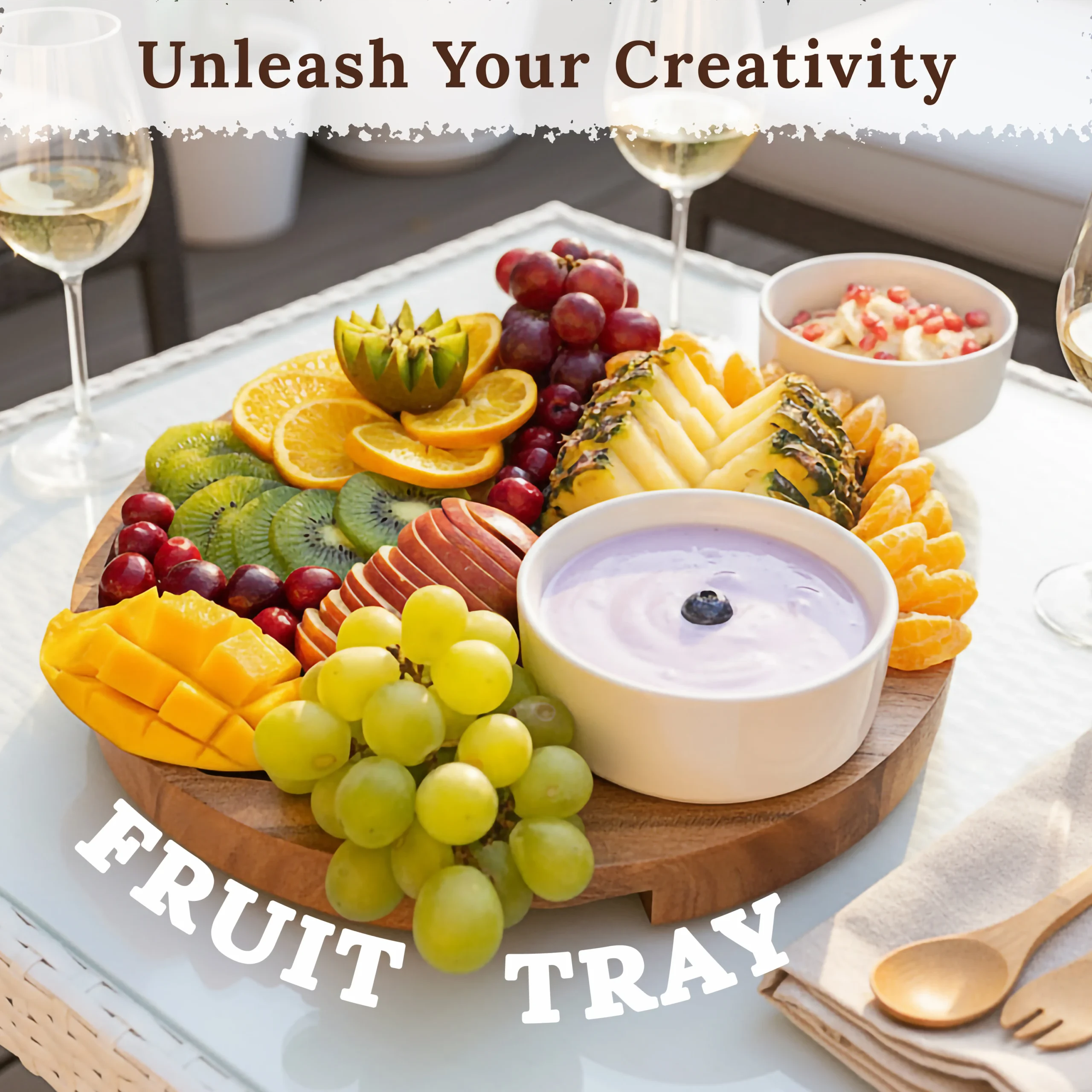 Wooden charcuterie board acacia wood with fresh fruit cheese yogurt dip elegant presentation