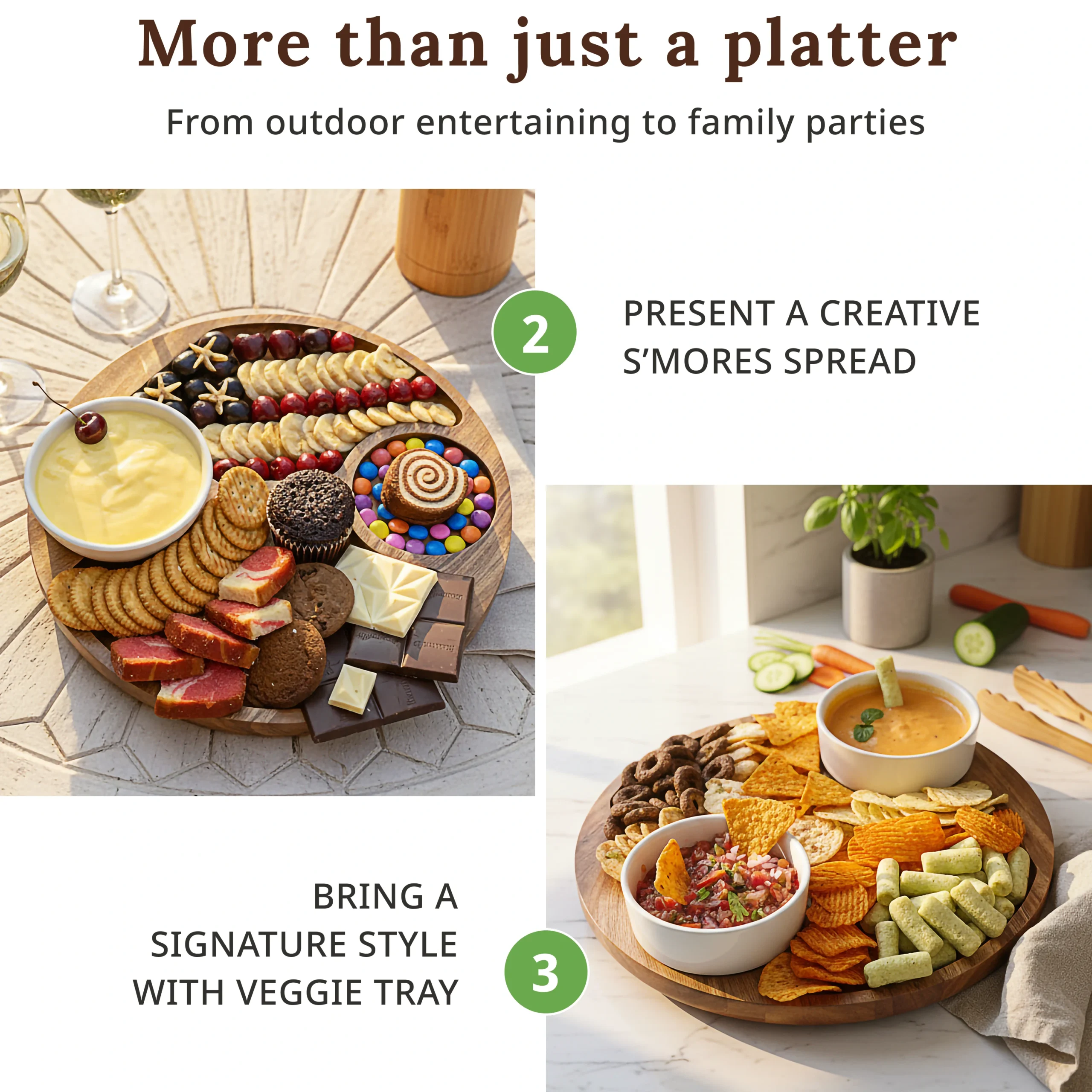 Acacia wood serving platter versatility showing s'mores dessert board and vegetable crudité tray