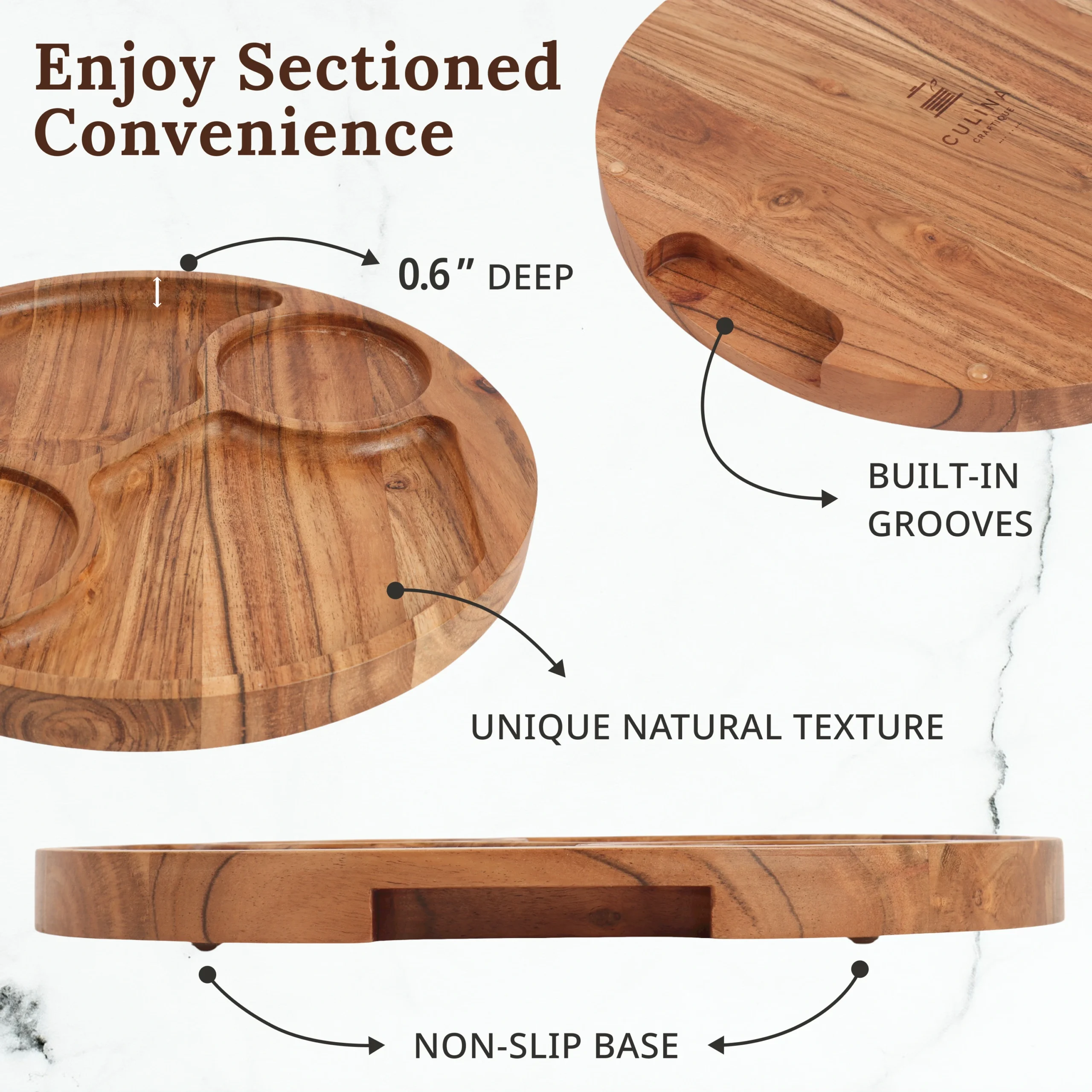 Acacia wood serving platter features showing sectioned compartments built-in grooves and non-slip base