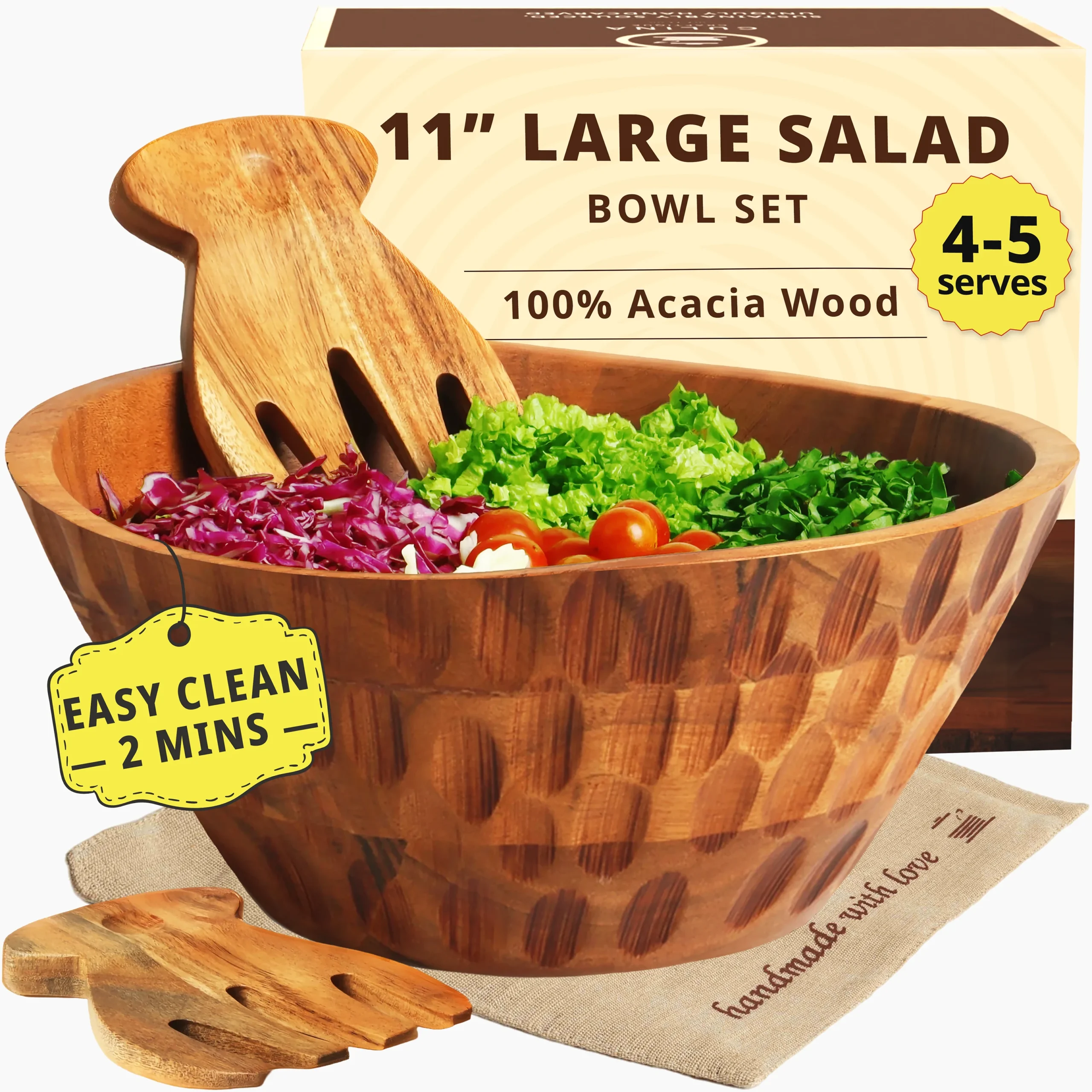 Large wooden salad bowl set acacia wood 11 inch with salad servers and storage bag