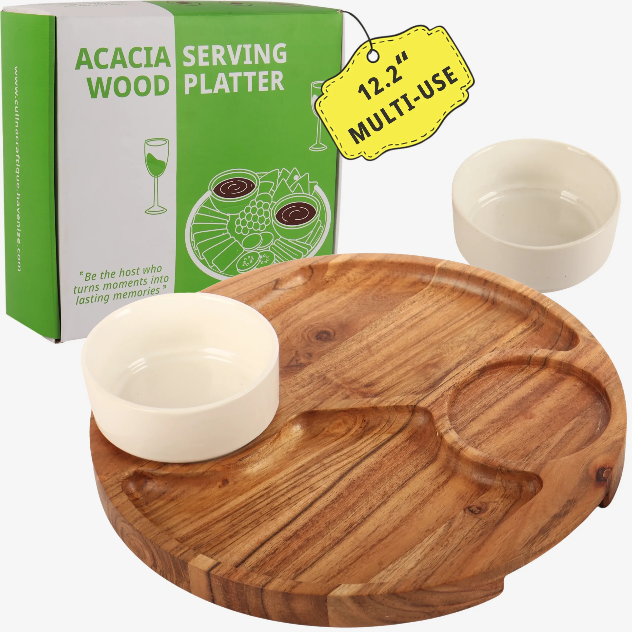 Round wooden serving tray acacia wood 12 inch with sectioned compartments and ceramic dip bowls