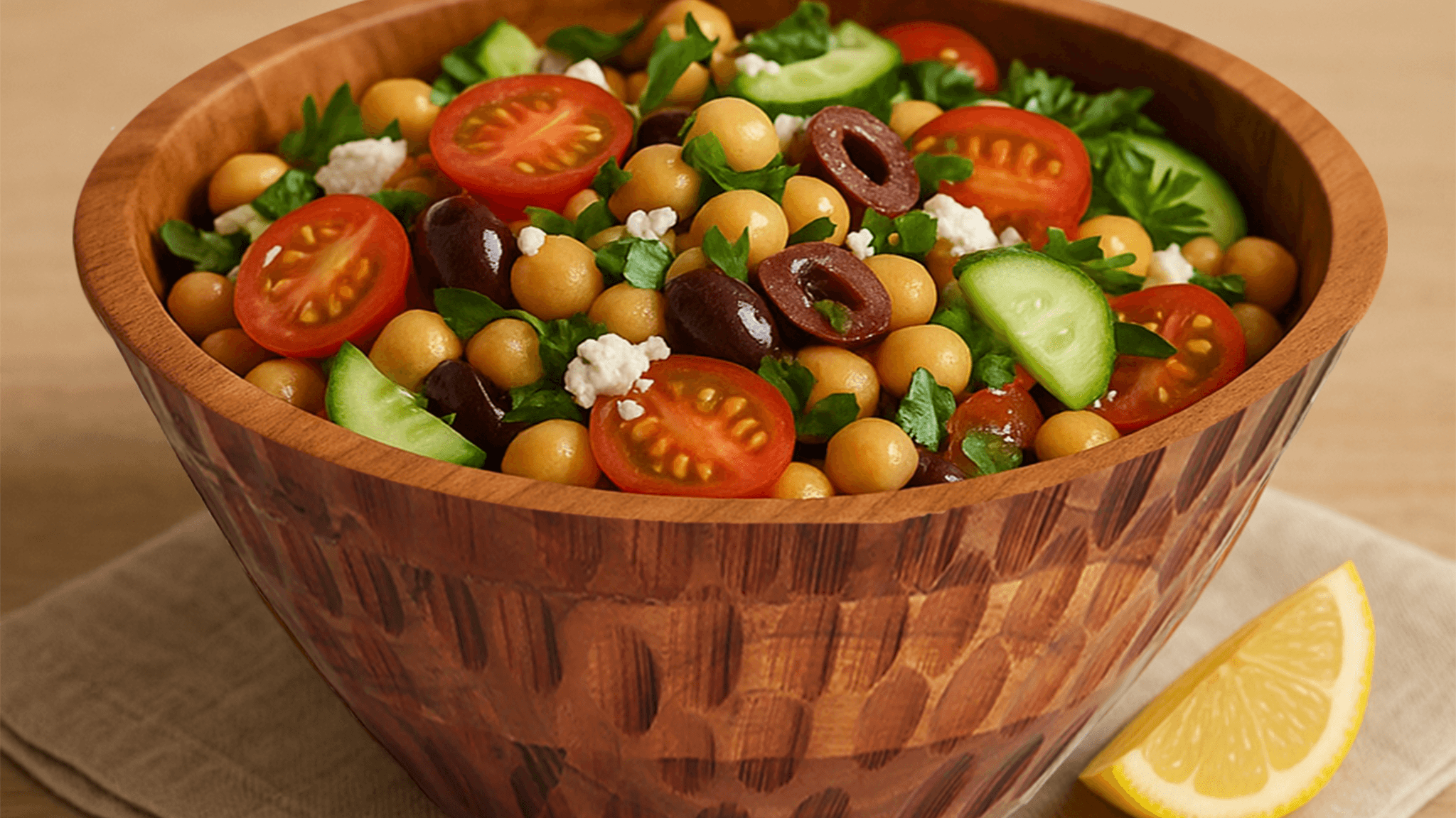 Sunshine in a wood bowl: The Ultimate Mediterranean Chickpea Salad