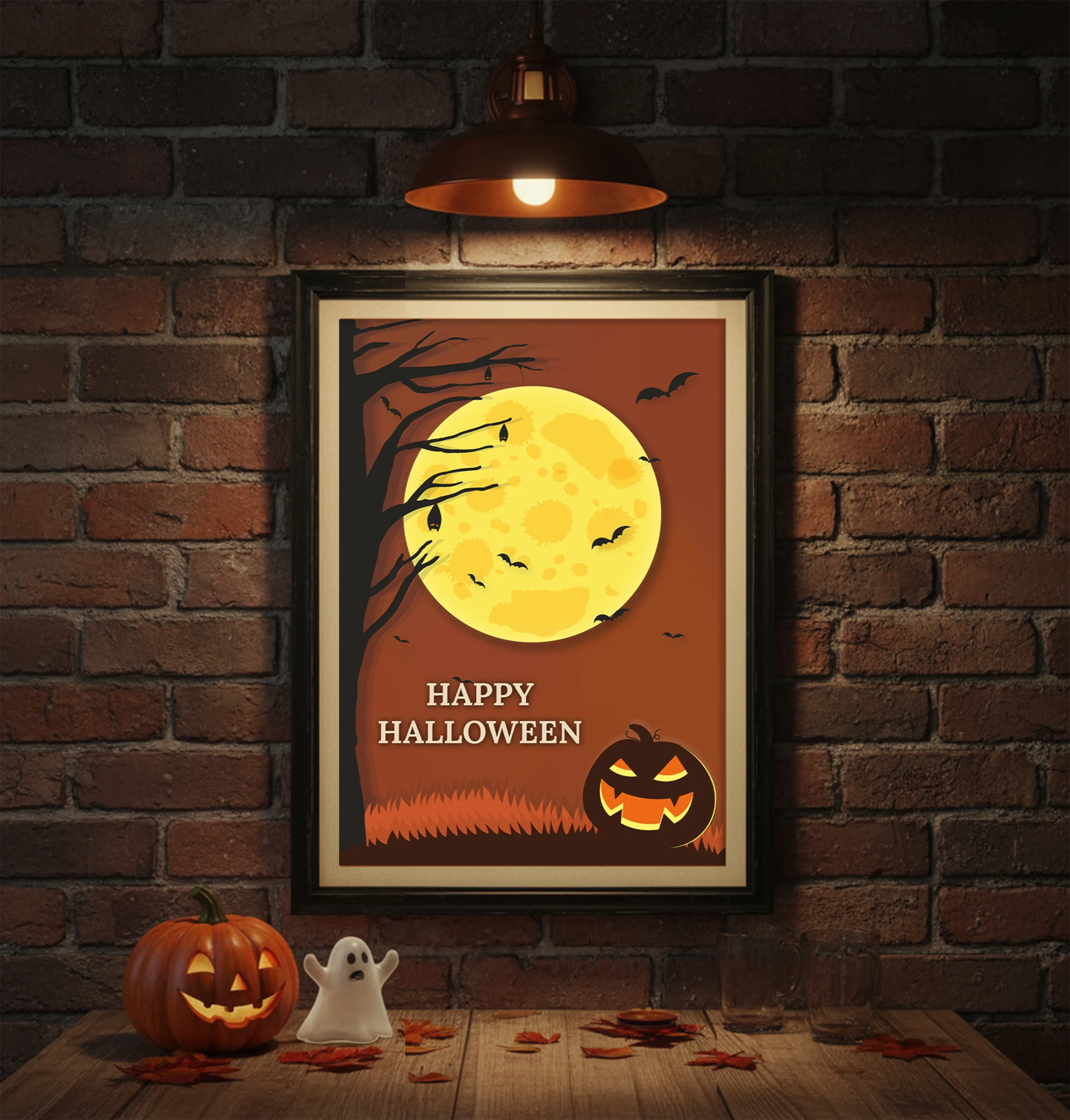Happy Halloween printable art with large yellow moon, bats, and jack-o’-lantern pumpkins on moody brick wall