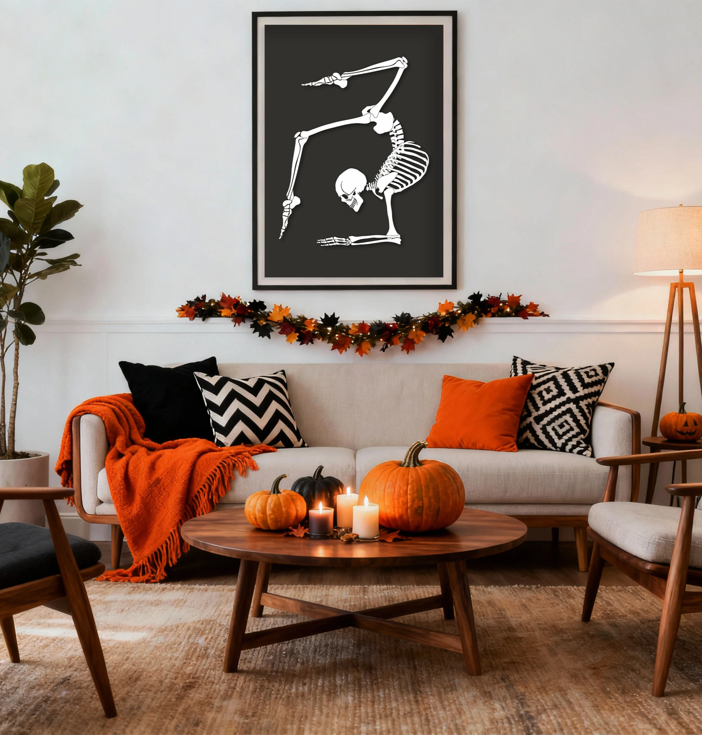 Large printable skeleton poster, Halloween printable art displayed in cozy living room with pumpkins and orange accents