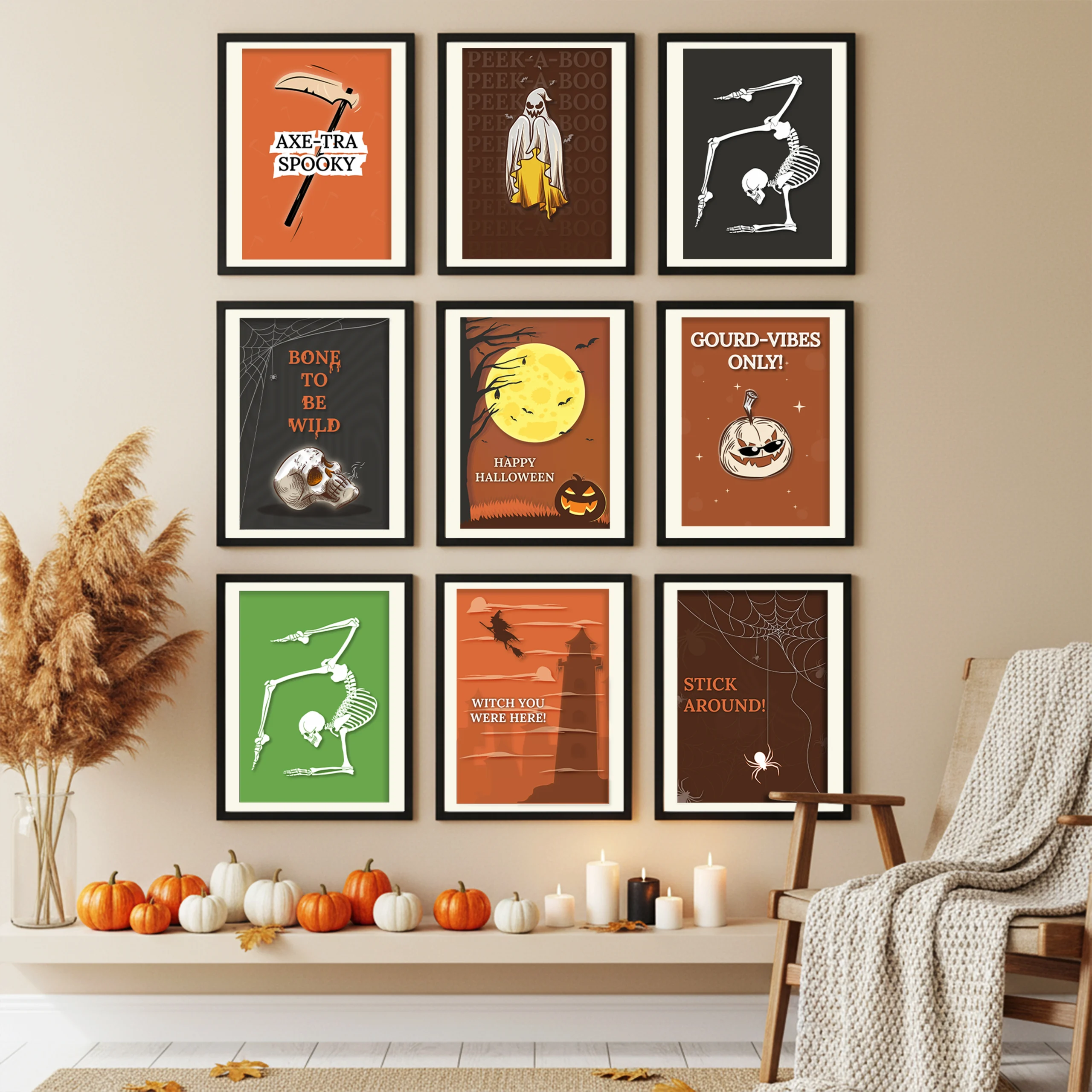 Gallery wall of framed Halloween posters, featuring skeleton, pumpkin, witch, and ghost art prints in trendy fall decor