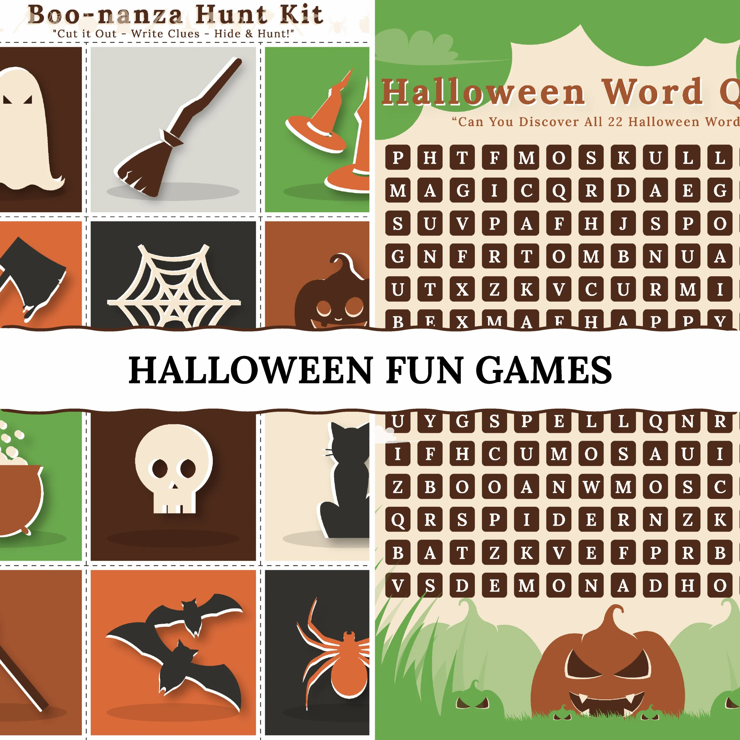 Halloween party games printable bundle featuring Boo-nanza scavenger hunt kit and Halloween word search puzzle with 22 hidden words for kids and adults