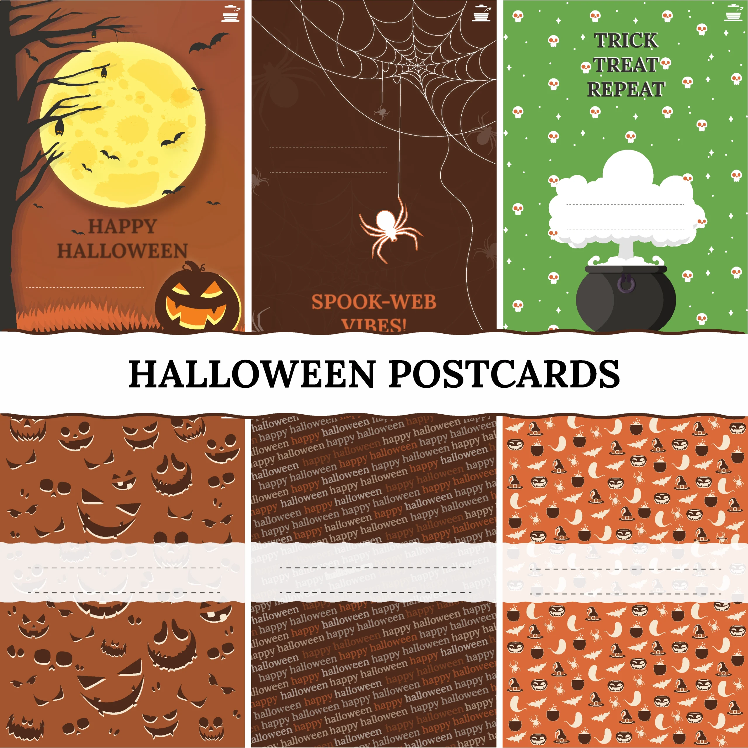 Halloween postcards bundle with 8 printable designs featuring Happy Halloween moon, Peek-A-Boo ghost, Spook-Web Vibes spider, Trick or Treat cauldron, pumpkin faces pattern, and Happy Halloween text patterns for party invites