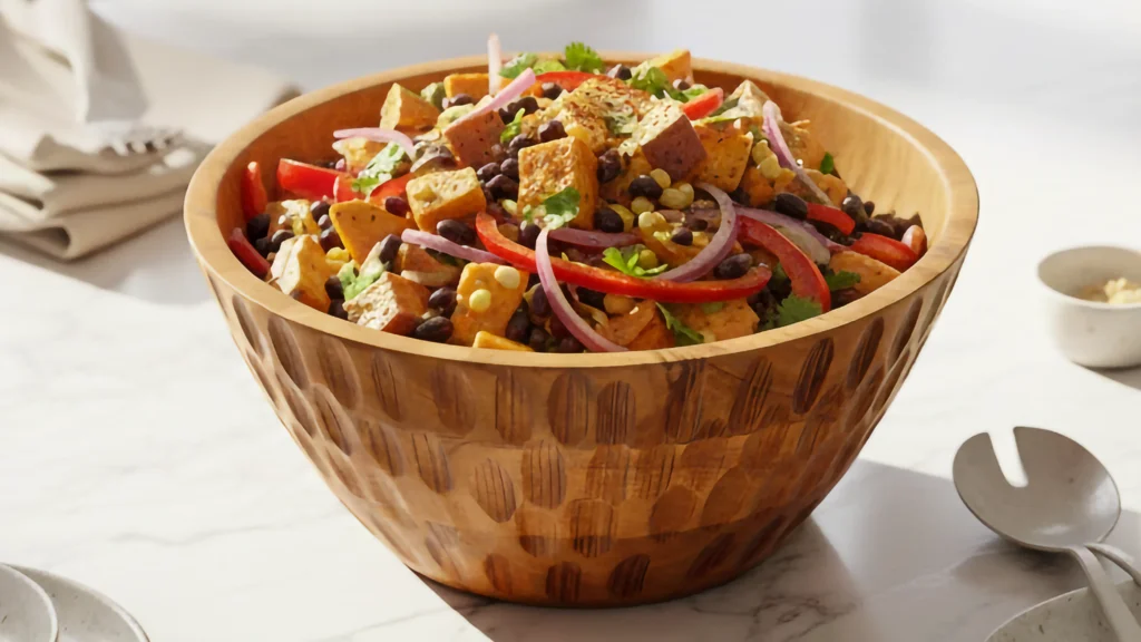 Healthy sweet potato & bean salad in wooden bowl with roasted sweet potatoes, black beans, corn, red peppers, red onions, cilantro and sesame seeds for Southwest recipe