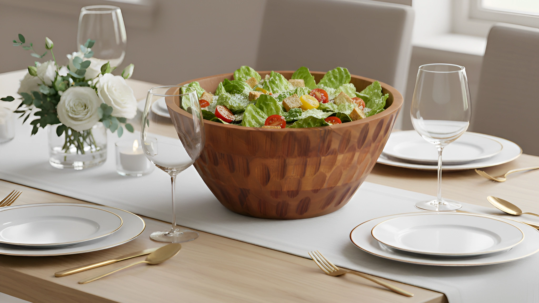 Premium wooden bowls centerpiece filled with fresh green salad on an elegant dining table setting with white plates and gold cutlery