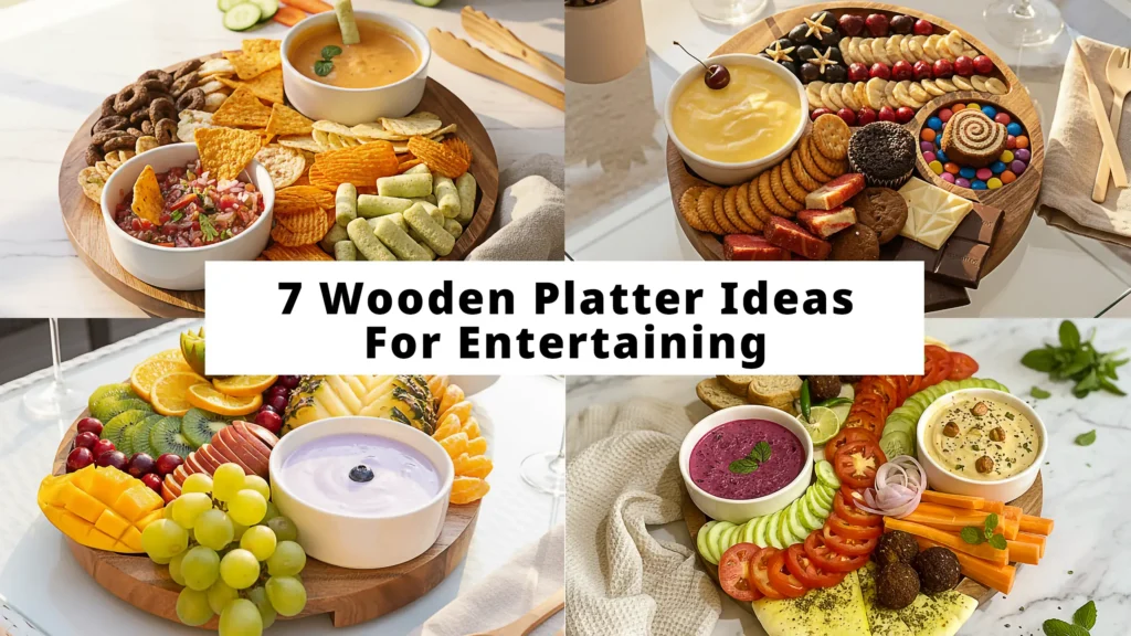 7 wooden platter ideas for entertaining featuring game night chip and dip board, fruit board, veggie board and dessert charcuterie board arrangements for party hosting